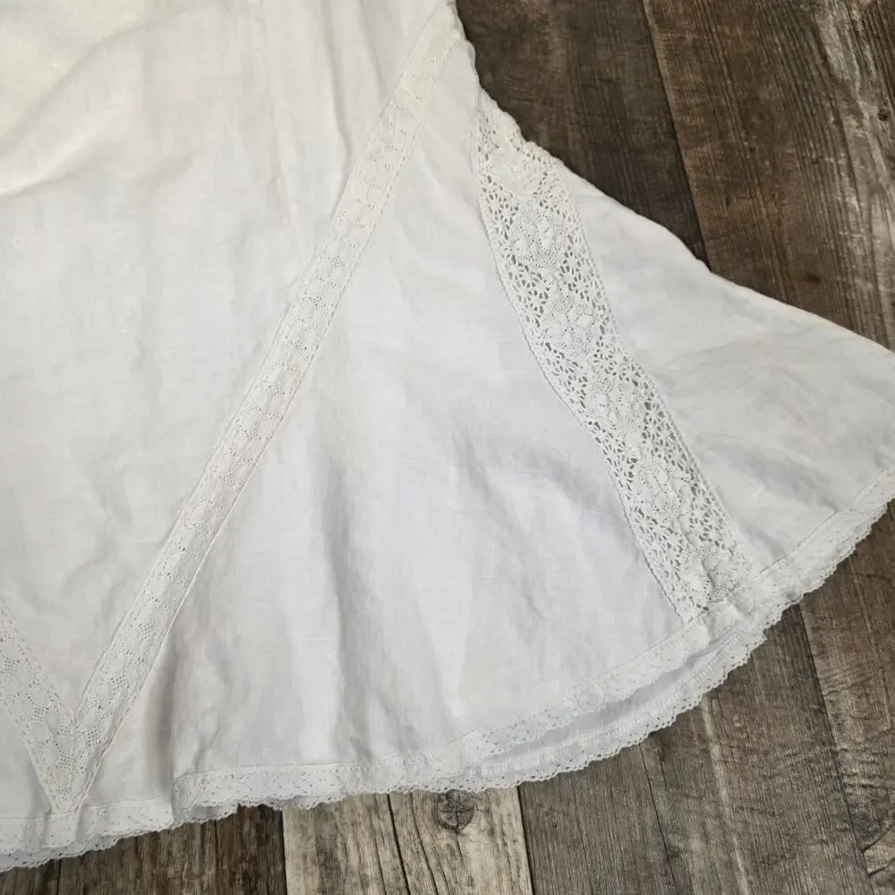 Vintage White Linen Midi Skirt Lace Trim Cottagecore Boho Prairie Size 12